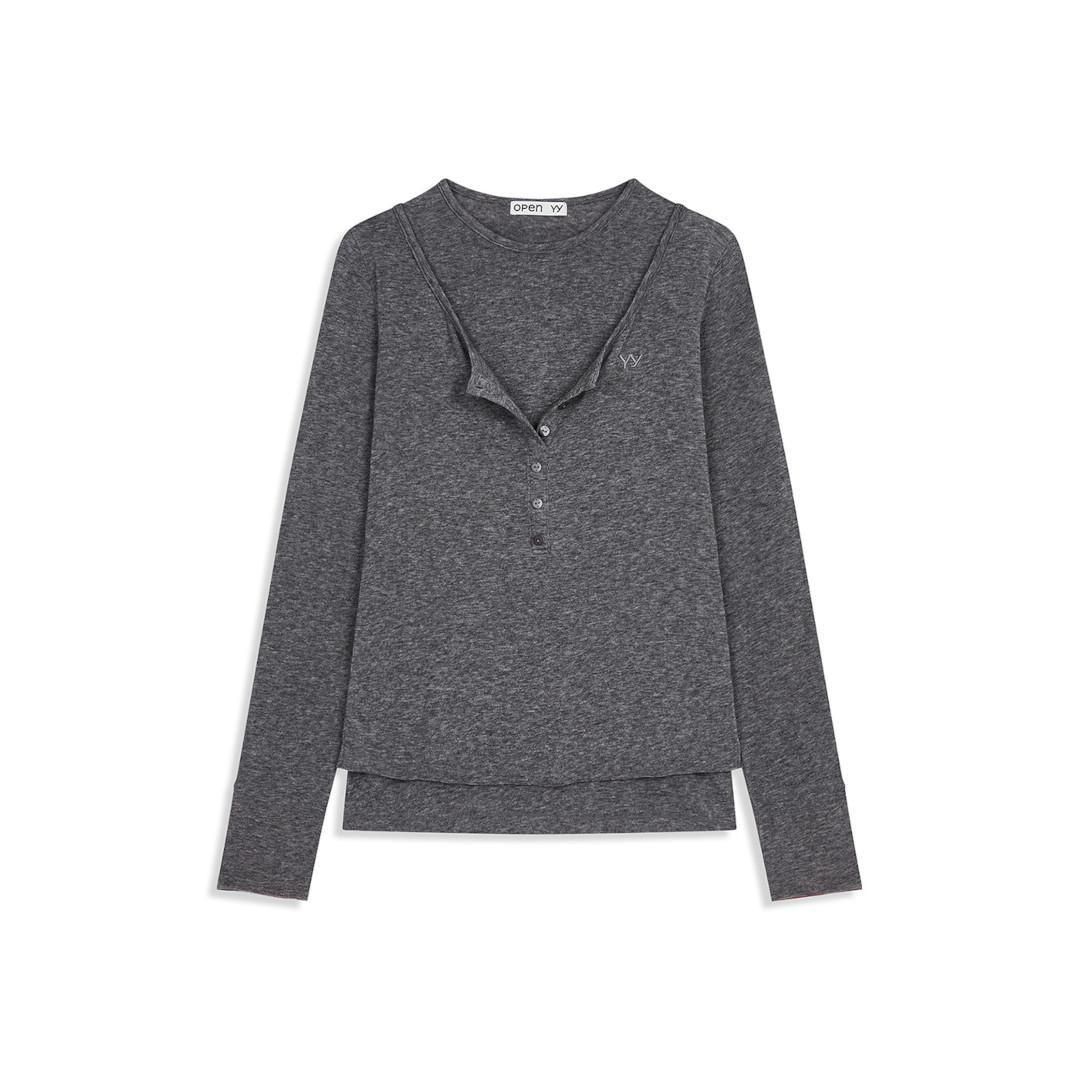 OPEN YY | オープンワイワイ LAYERED HENLEY LOUNGE TEE, CHARCOAL