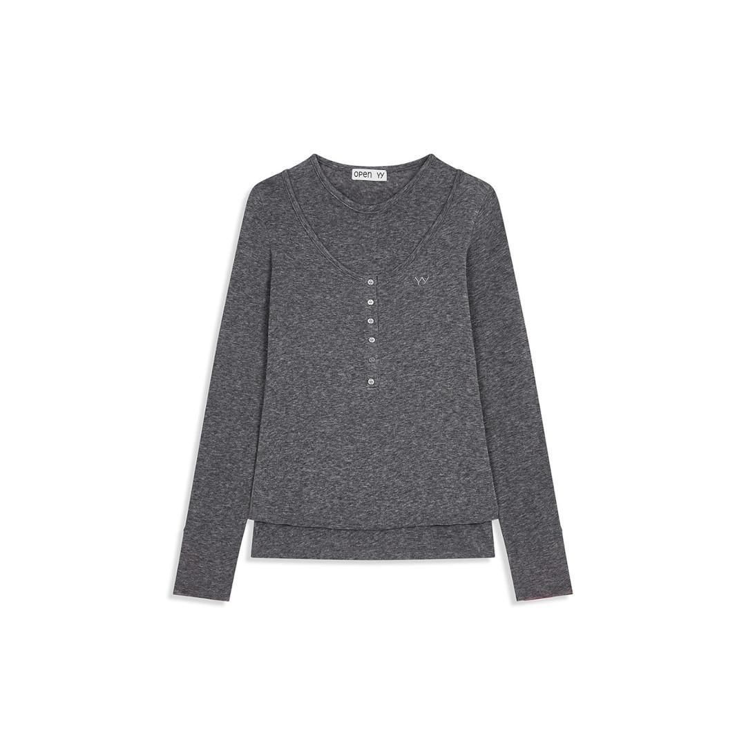 OPEN YY | ץ磻磻 LAYERED HENLEY LOUNGE TEE, CHARCOAL GREY (YY254TS001) 