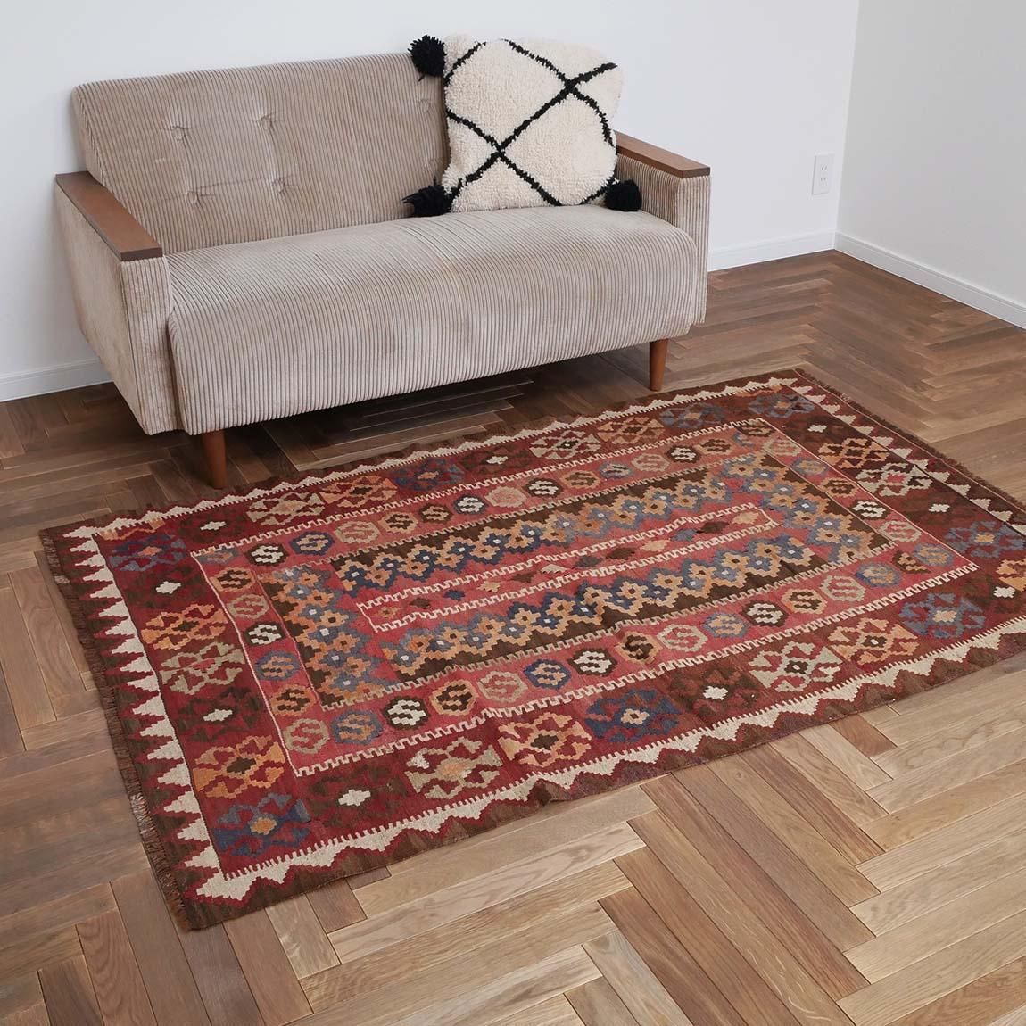 【クリアランスセール】キリム 195cm×120cm No. 3961-10 褪せているけど濃いめヴィンテージキリム181×120cm【送料無料