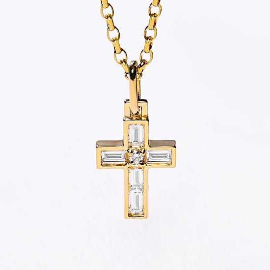 K18 YG Cross Pendant Chain with Diamond