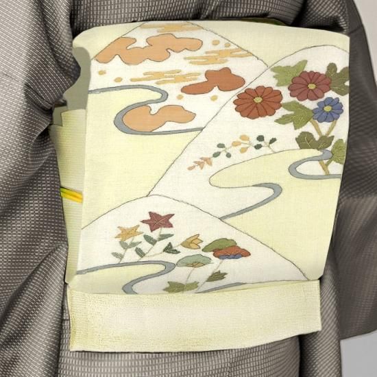 正絹 袋帯 お太鼓柄 新品 白地 オフホワイト 遠山 菊 雲 桔梗