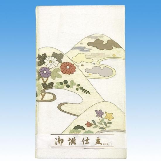 正絹 袋帯 お太鼓柄 新品 白地 オフホワイト 遠山 菊 雲 桔梗 お出かけ