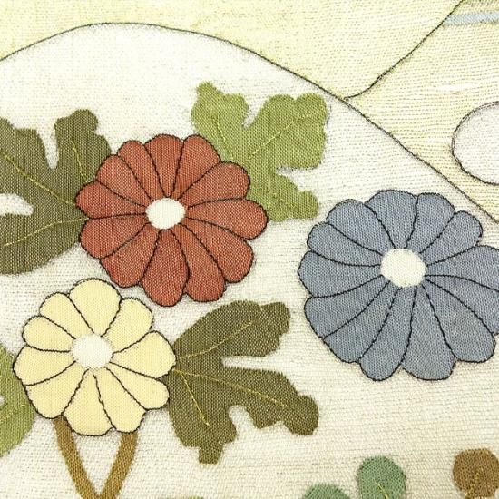正絹 袋帯 お太鼓柄 新品 白地 オフホワイト 遠山 菊 雲 桔梗 お出かけ