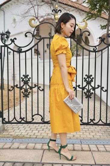 美品✨エムズグレイシー パフスリーブ 半袖 ワンピース ベルト リボン イエロー 美品✨エムズグレイシー パフスリーブ 半袖 ワンピース ベルト