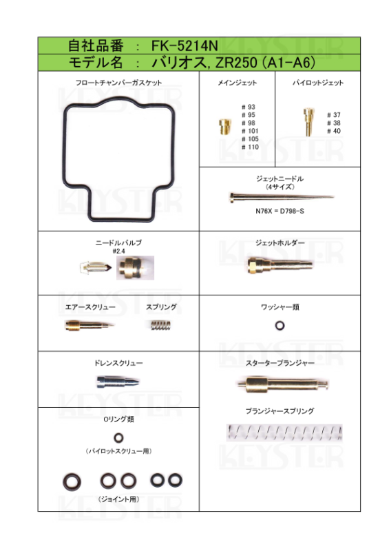 燃調キット バリオス/ZR250 (A1-A6)用キャブレター オーバーホール 燃調キット バリオス/ZR250 (A1-A6)用キャブレター オーバーホール