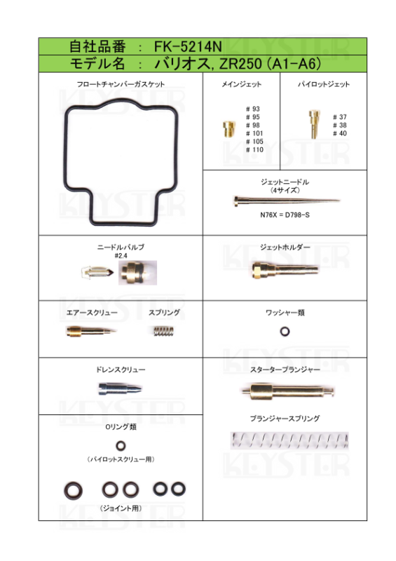 バリオス250　ZR250　リペアキット　オーバーホール　キャブレター　フロート