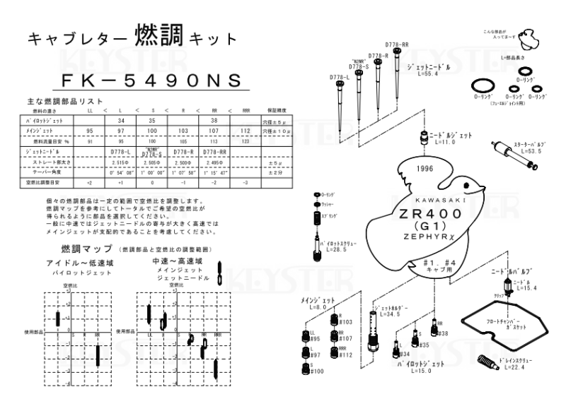燃調キット Zephyr(ゼファー)χ/ZR400 (G1), アウトサイドキャブ#1#4用キャブレター オーバーホール&セッティングパーツセット - 岸田精密工業株式会社|キースター|KEYSTER 燃調キット Zephyr(ゼファー)χ/ZR400 (G1), アウトサイドキャブ#1#4用キャブレター オーバーホール&セッティングパーツセット - 岸田精密工業株式会社|キースター|KEYSTER