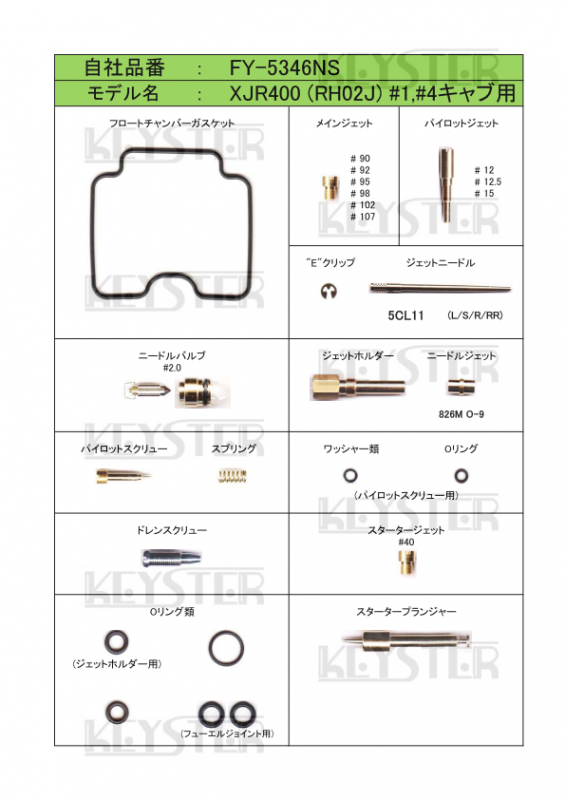 燃調キット　XJR400R (RH02J), アウトサイドキャブ#1#4用キャブレター オーバーホール&セッティングパーツセット -  岸田精密工業株式会社｜キースター｜KEYSTER