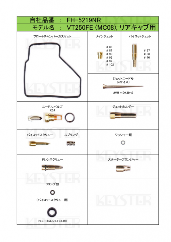 燃調キット VT250FE, リアキャブ用キャブレター オーバーホール 燃調キット VT250FE, リアキャブ用キャブレター オーバーホール
