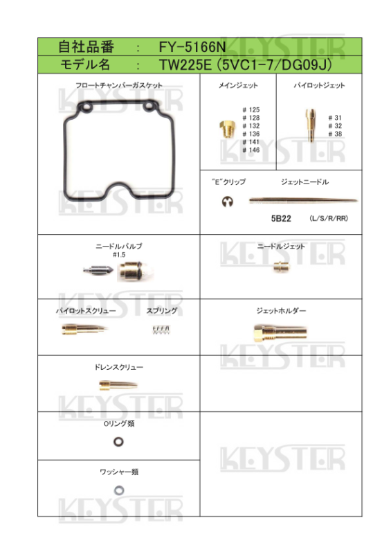 燃調キット TW225E (DG09J)用キャブレター オーバーホール 燃調キット TW225E (DG09J)用キャブレター オーバーホール