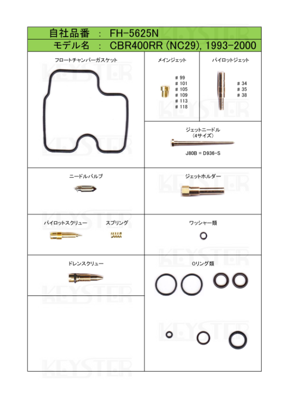 燃調キット CBR400RR (NC29後期型)用キャブレター 燃調キット CBR400RR (NC29後期型)用キャブレター
