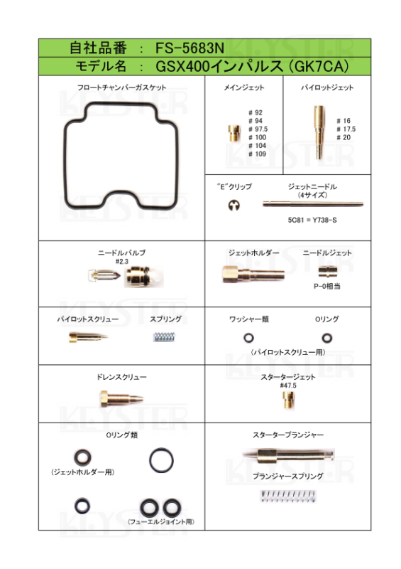 燃調キット　GSX400インパルス (GK7CA)用キャブレター オーバーホール&セッティングパーツセット -  岸田精密工業株式会社｜キースター｜KEYSTER