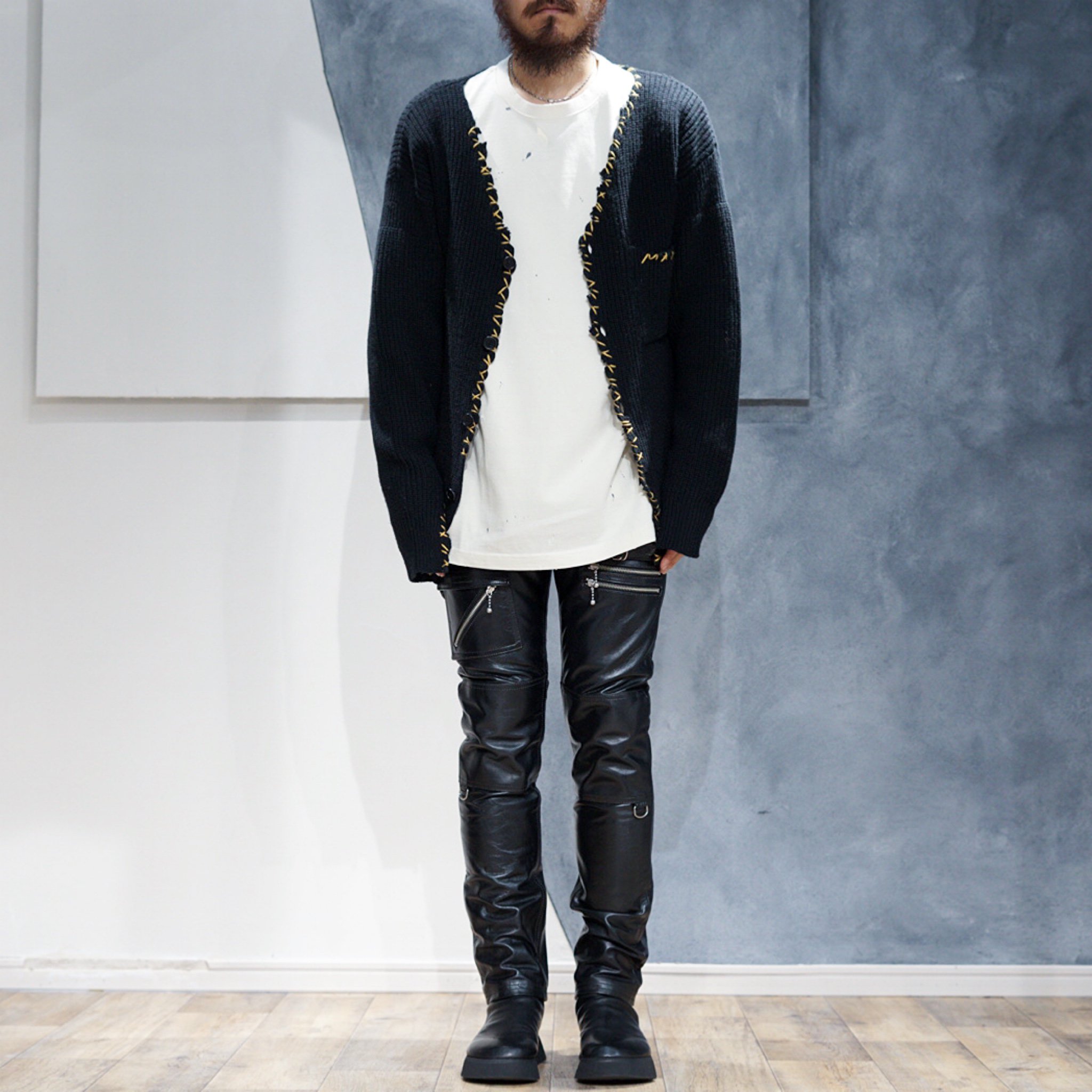 blackmeans(ブラックミーンズ)-Back Zip Cow Leather Tapered Pants-Amanojak.