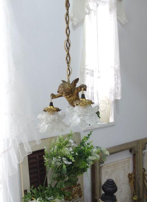 0119フランスアンティークエンジェル天使 薔薇ローズシェード2灯