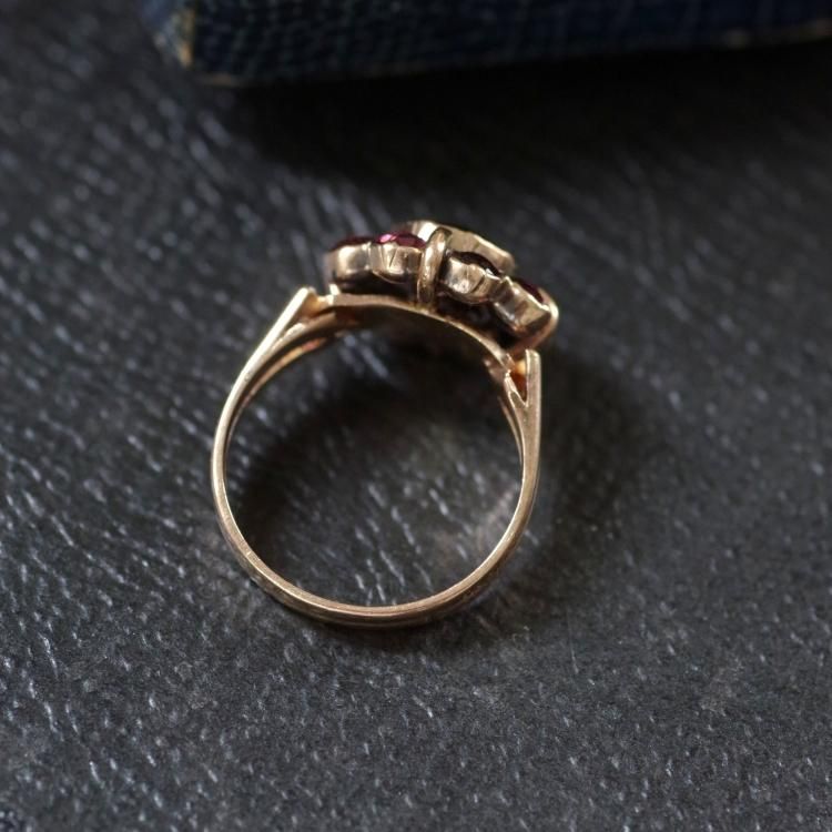 フランスアンティークK18ペルピニャンガーネットクラスターリング/ダイヤ