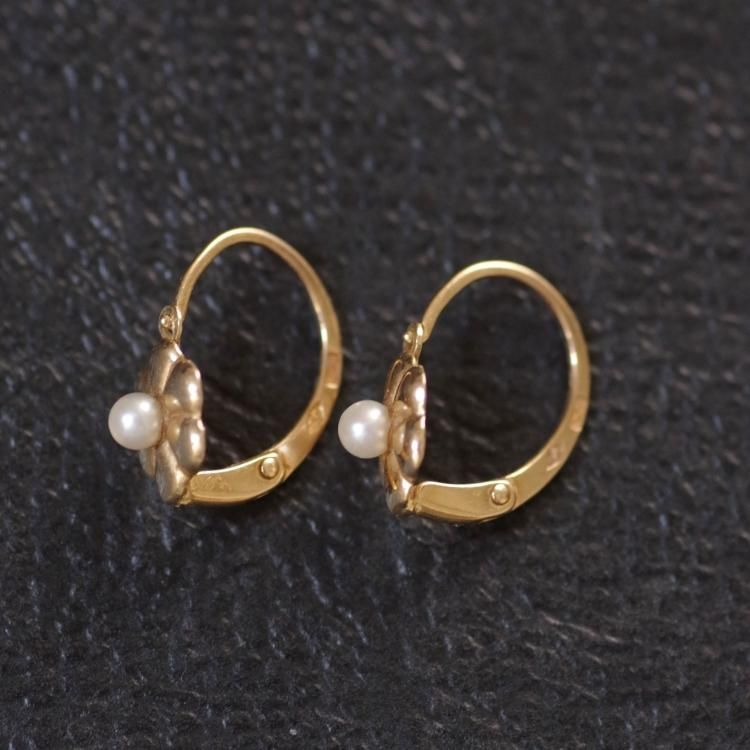 0631フランスアンティークK18ゴールドあこやパールピアスドルムーズ