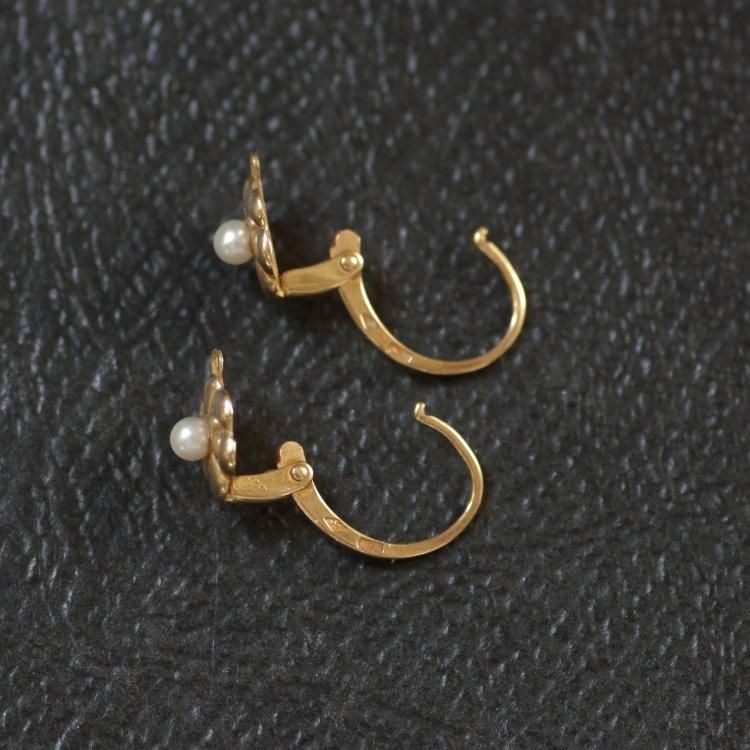 0631フランスアンティークK18ゴールドあこやパールピアスドルムーズ