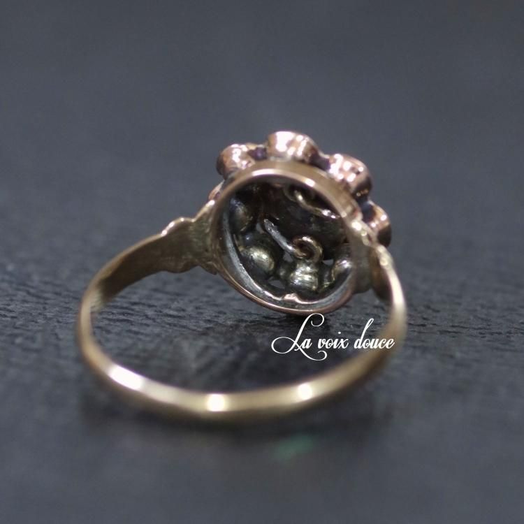 フランスアンティークK18ペルピニャンガーネットクラスターリング/ダイヤ