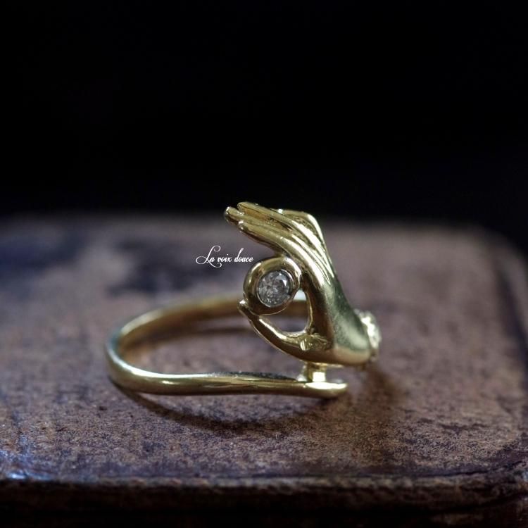 0488ドイツアンティークK14ハンドモチーフダイヤリング - アンティーク