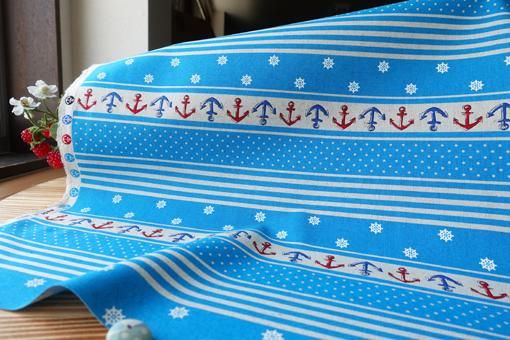 可愛いマリン柄ボーダー綿麻キャンバス・生成×ターコイズ - ダブル