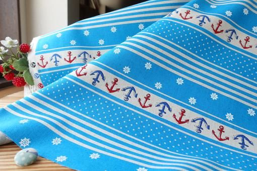 可愛いマリン柄ボーダー綿麻キャンバス・生成×ターコイズ - ダブル