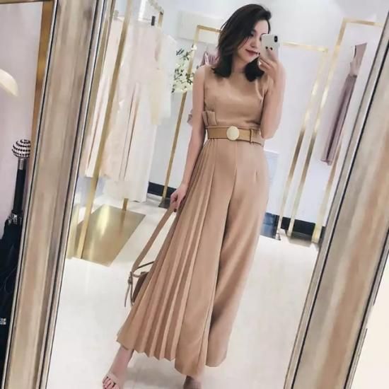 ハイウエスト 無地 サイドプリーツ ワイドパンツ オールインワン 美ライン - BringHappiness