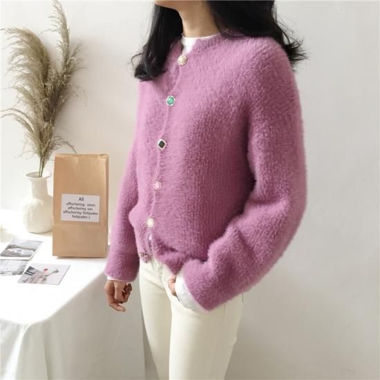 秋冬 ニット カーディガン モヘア ビンテージ パール ビジューボタン Bringhappiness 秋冬 ニット カーディガン モヘア ビンテージ パール ビジューボタン Bringhappiness