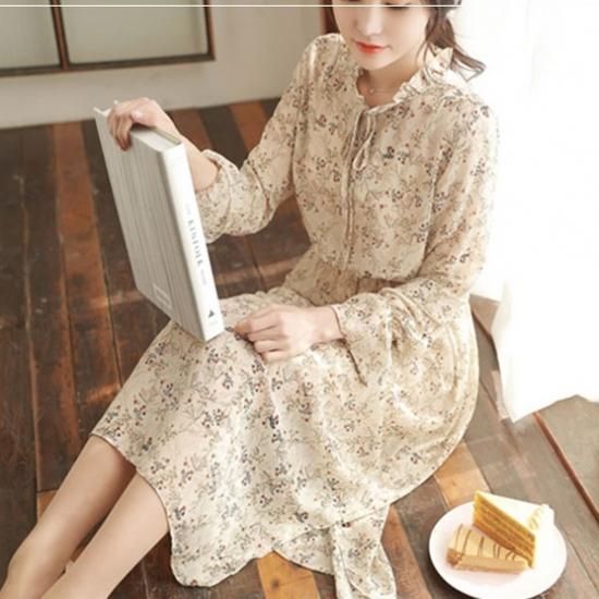ワンピース 春 長袖 シフォン ロング ベルスリーブ ハイネック 花柄 フェミニン ふんわり ガーリー Bringhappiness ワンピース 春 長袖 シフォン ロング ベルスリーブ ハイネック 花柄 フェミニン ふんわり ガーリー Bringhappiness