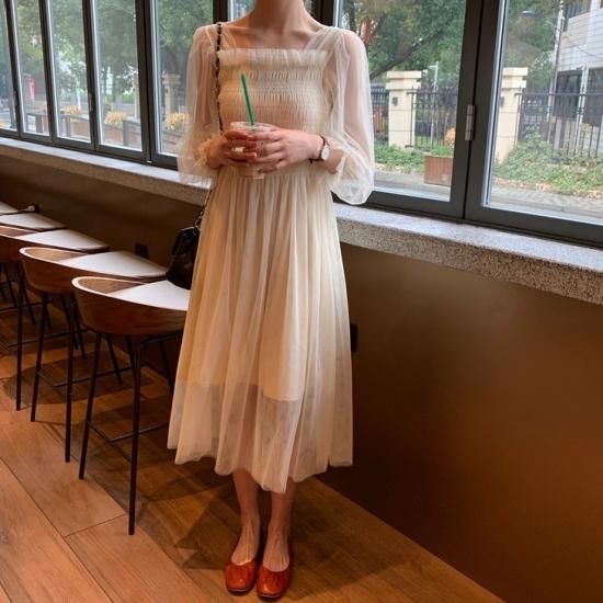 シースルーロングワンピース ミモレ丈 ギャザー 春夏 ベージュ グレー Bringhappiness