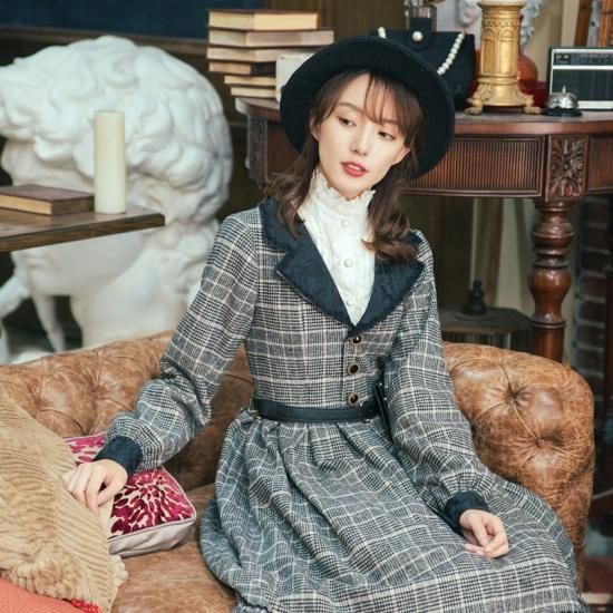 チェック クラシカル レトロ 長袖 ワンピース 春夏 Bringhappiness