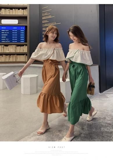 ワンピース ひざ下丈 ロング 無地 オフショルダー フリル ハイウエスト リボン フェミニン セクシー 肌見せ デート 双子コーデ 2色 春夏 Bringhappiness ワンピース ひざ下丈 ロング 無地 オフショルダー フリル ハイウエスト リボン フェミニン セクシー 肌見せ デート 双子コーデ 2色 春夏 Bringhappiness