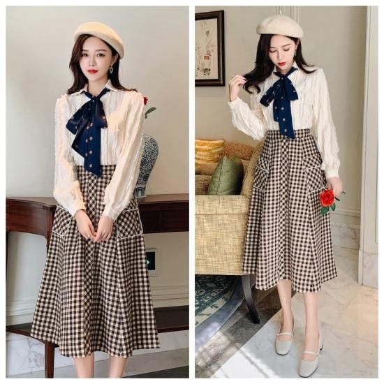 レディース ワンピース 春 秋 冬 リボン ガーリー ミモレ丈 チェック柄 長袖 S M L Bringhappiness レディース ワンピース 春 秋 冬 リボン ガーリー ミモレ丈 チェック柄 長袖 S M L Bringhappiness