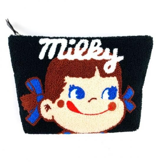 ペコちゃん ミルキー ペコちゃんさがら刺繍 ポーチ ブラック ペコちゃん ミルキー ペコちゃんさがら刺繍 ポーチ ブラック