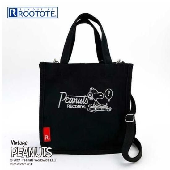 スヌーピー レコード スクエア.キャンバス バッグ ブラック ルートート
