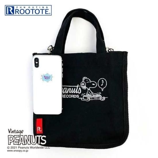 スヌーピー レコード スクエア.キャンバス バッグ ブラック ルートート