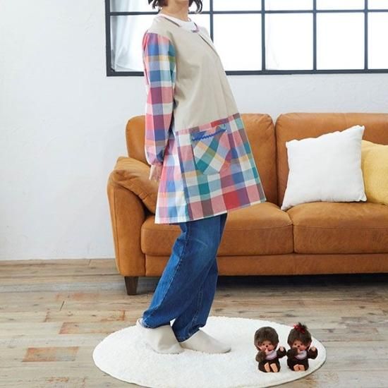 モンチッチ チェック柄 割烹着 かっぽー着 エプロン 家事 料理 保育園