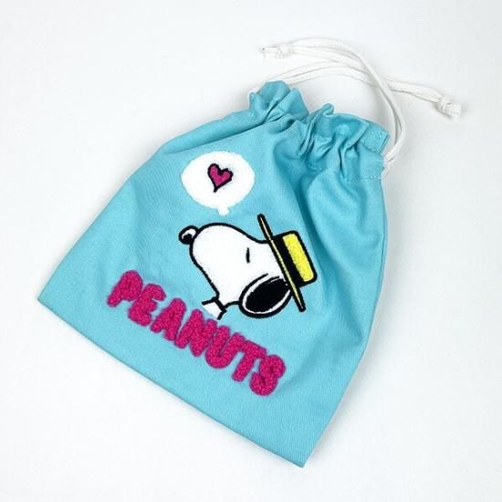 スヌーピー 帽子 サガラ刺繍巾着 (ライトブルー) ポーチ SNOOPY