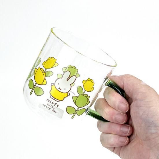 ミッフィー miffy カラーハンドル耐熱ガラスマグ（グリーン・ローズ