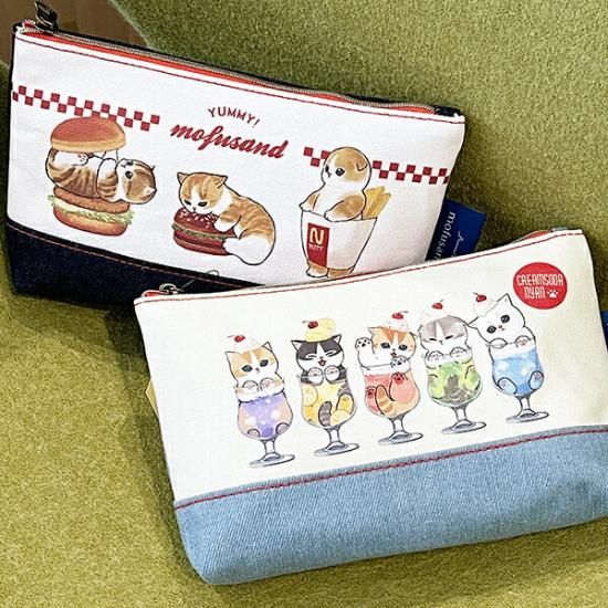新品　モフサンド　デニム ポーチ　クリームソーダにゃん　猫　ねこ　ネコ mofusand デニムポーチ フラット(クリームソーダにゃん