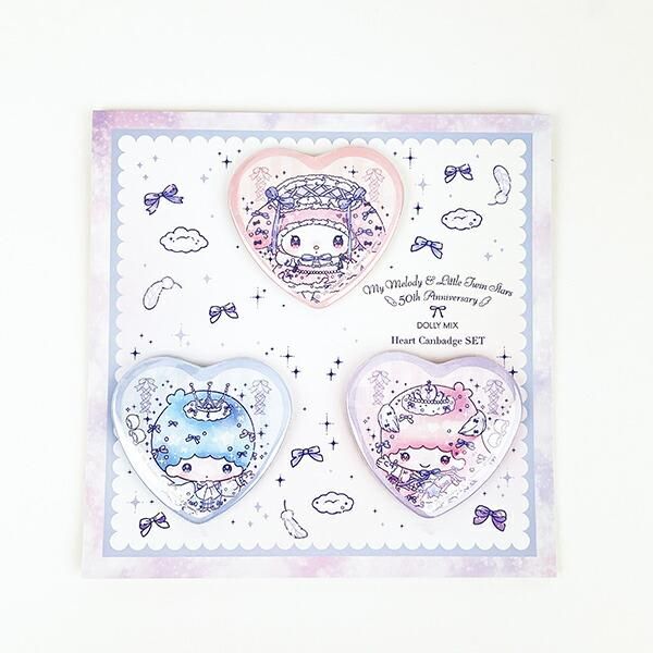 サンリオ マイメロディ&キキララ 50th×DOLLY MIX ハート缶バッジ3個セット Sanrio 日本製