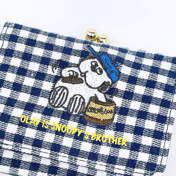 スヌーピー　オラフ青いリボン スヌーピー オラフ 三つ折り財布 ネイビーチェック SNOOPY