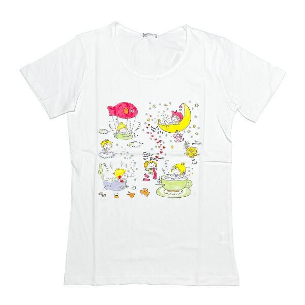 水森亜土 ネコ＆ガール 半袖Tシャツ(M) ホワイト アパレル