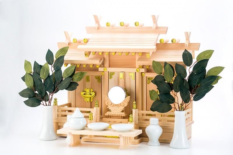 屋根違い三社 つむぎ 雲板付神棚板引出付セット - 神棚神具の 屋根違い三社 つむぎ 雲板付神棚板引出付セット - 神棚神具の