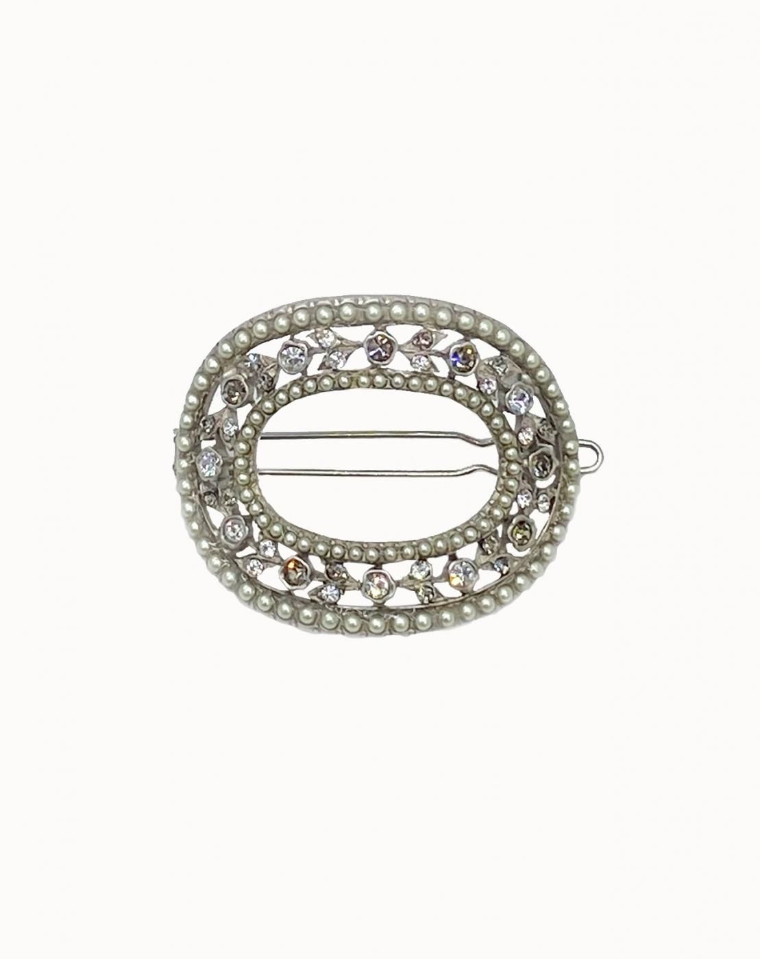 leur logette - Pearl & Crystal Flower Hair Barrette - Silver 