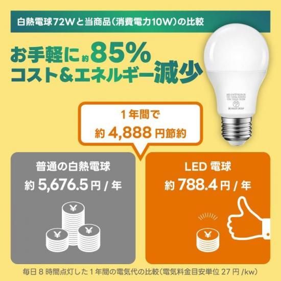 LED電球 6個セット E26口金 72W形相当 電球色 広配光タイプ 10W 一般