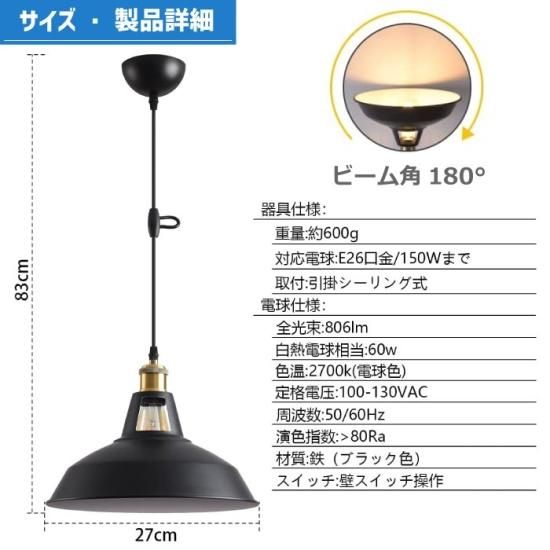 ペンダントライト 引掛シーリング | E26口金 | 直径27cm LED電球付き