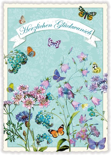 ドイツ製ポストカード】Blue Flowersラメ加工ダイカット - Heart Art Collection