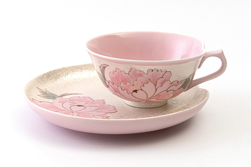 【紅茶碗皿】(ピンク)　虹彩手描き牡丹　【公式】賞美堂本店オンラインショップ