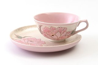 虹彩手描き牡丹 【紅茶碗皿】(ピンク)