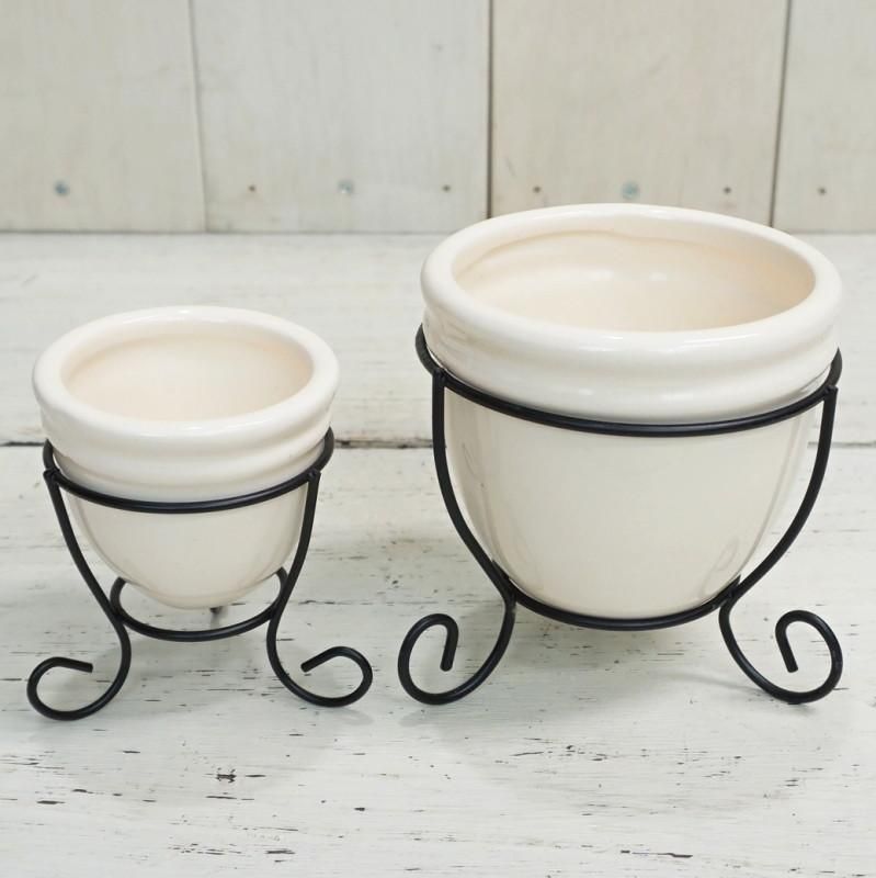 植木鉢 おしゃれ 陶器鉢 白 クリームポット&スタンド 2点セット＜10cm